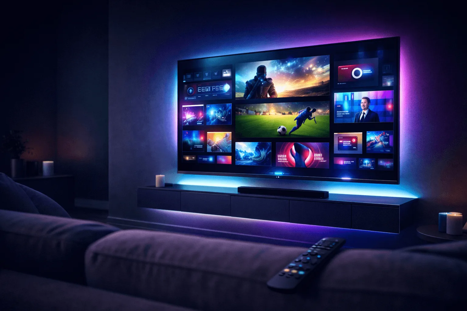 Installation IPTV sur Smart TV dans un salon moderne avec télécommande