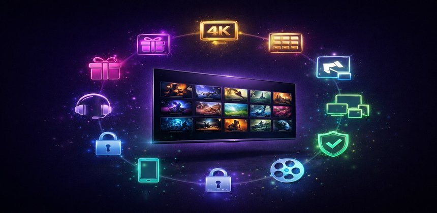 IPTV features overview showing 4K streaming on multiple devices