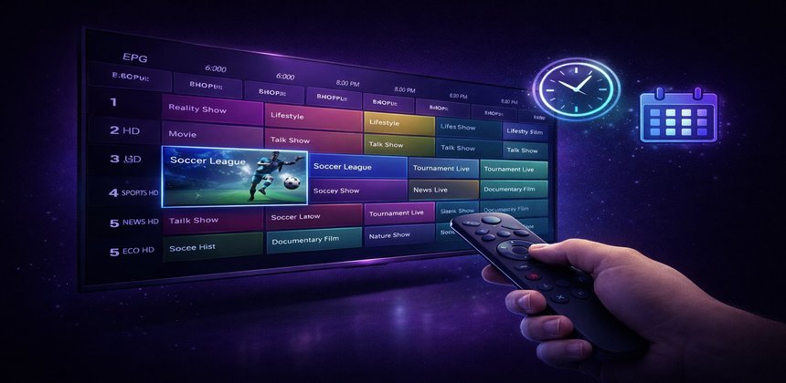 Guide électronique des programmes IPTV affiché sur un écran Smart TV