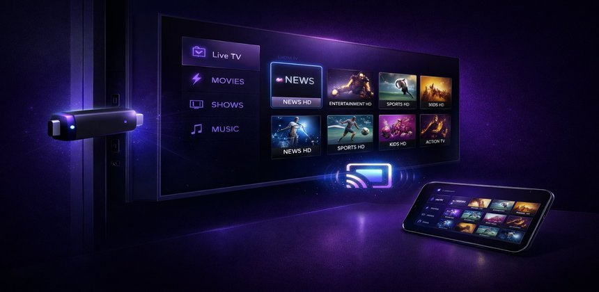 IPTV-streaming opsætning p&aring; en Roku-enhed i en stue